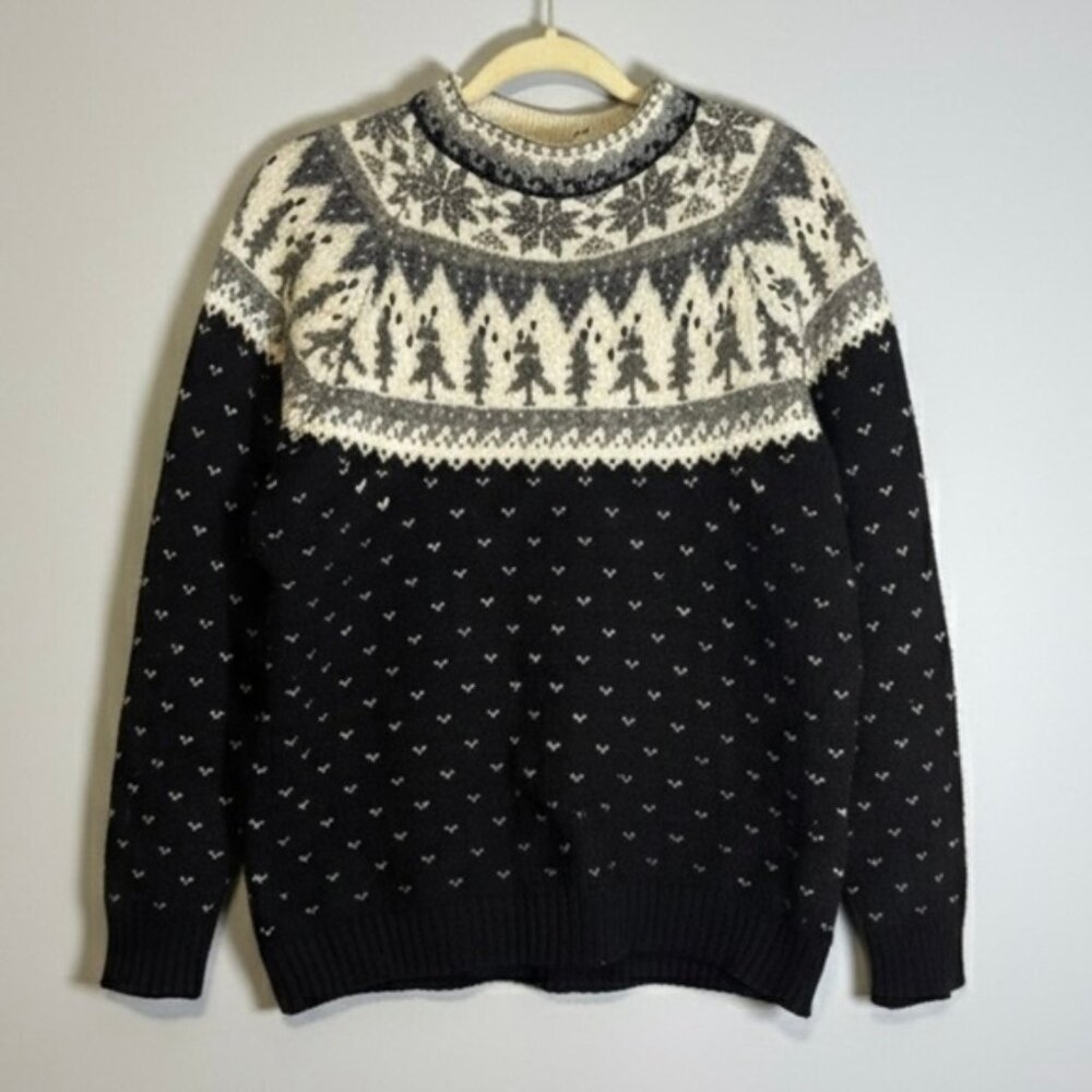 Vtg 90s Eddie Bauer Wool Sweater Medium Fair Isle Nordic Black White Snowflake
